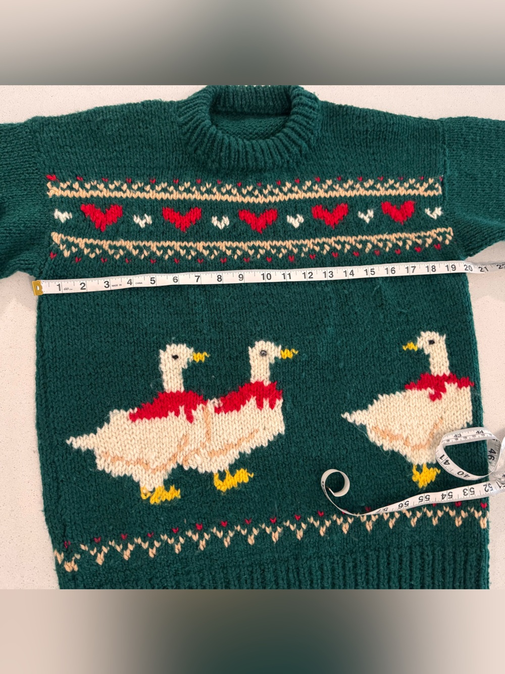 Vintage Hand Knit Duck Sweater Dark Green Chunky Heavyweight Fair Isle Hearts - Picture 8 of 15